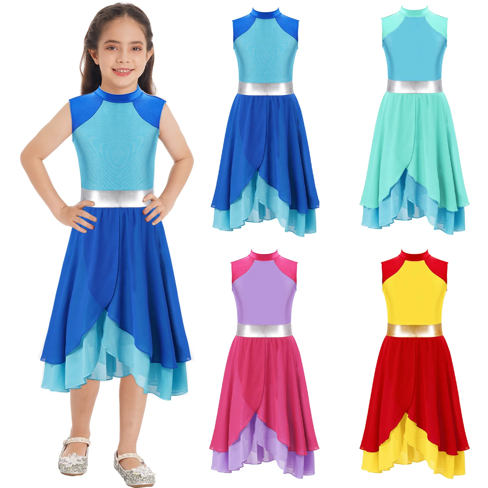

Kids GirlsDance Dress Mock Neck Sleeveless Tiered Wrapped Hem Praise Lyrical Dance Dress Dancewear
