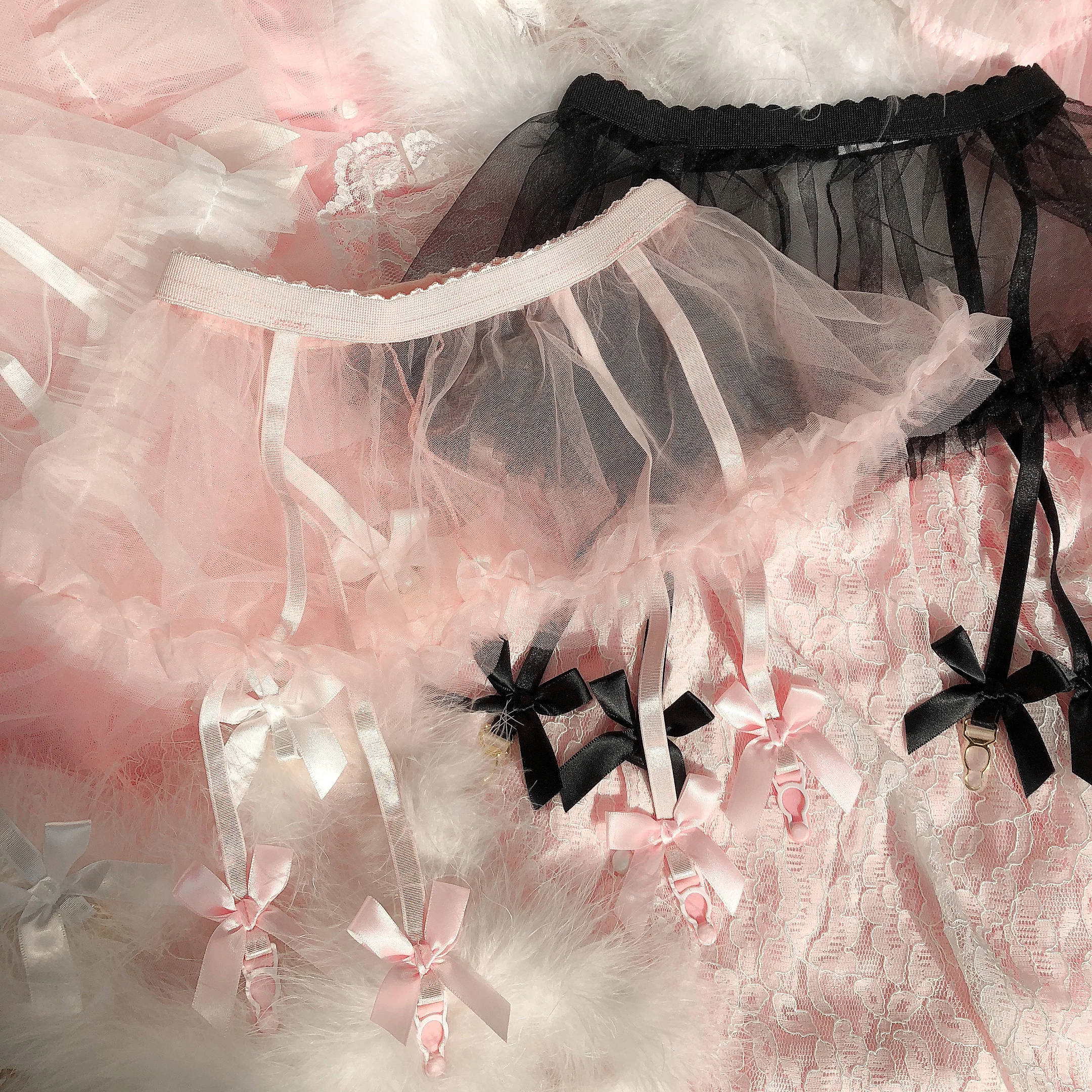 Mini Skirt Kawaii Women Lace Exotic Stockings Garter Belt Hollow Perspective Net Bow Thigh-Highs Stockings Cute Sexy Gauze lace garter belt garter belt