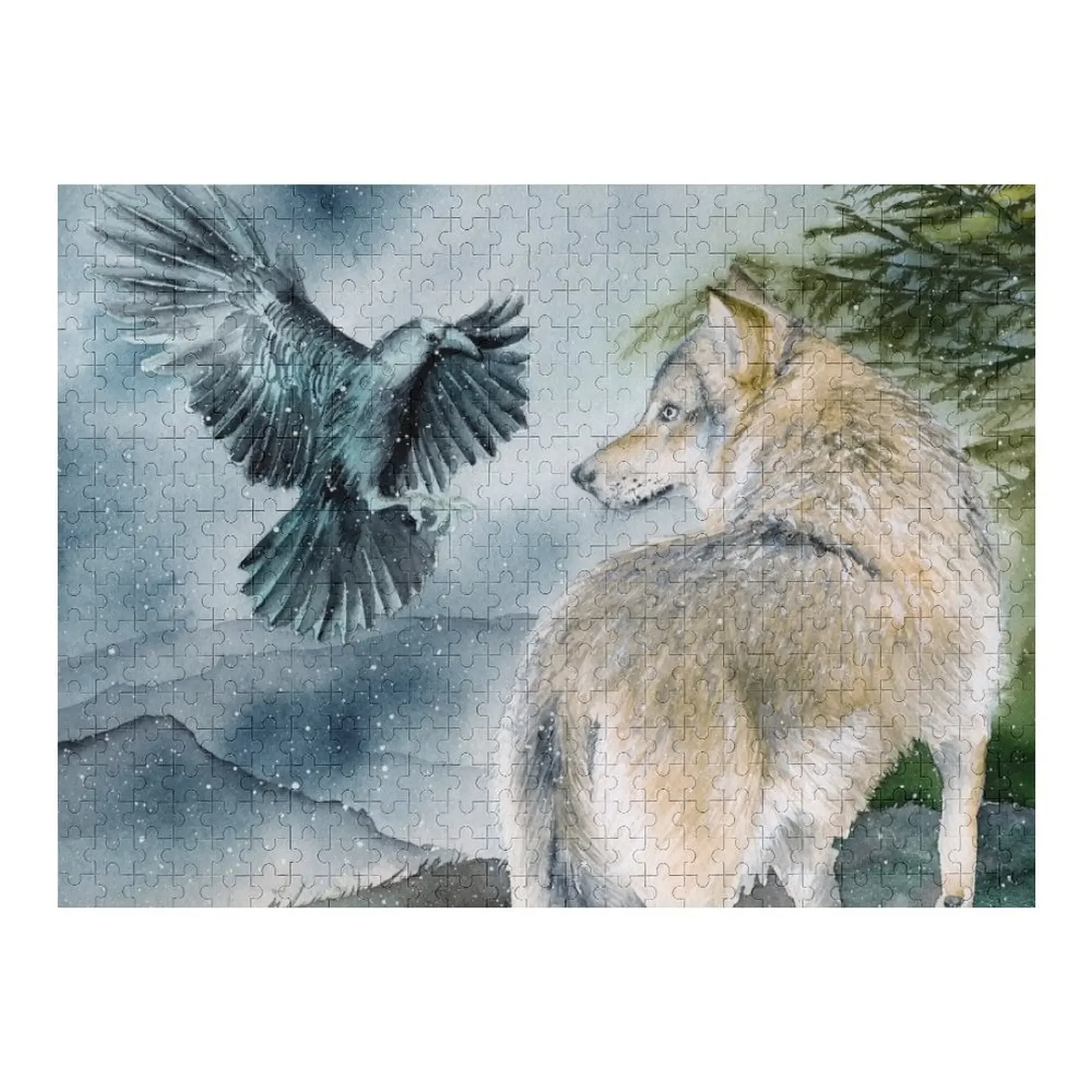 

Watercolor picture of a wolf and a raven Jigsaw Puzzle Wood Name Personalized Toy Puzzle