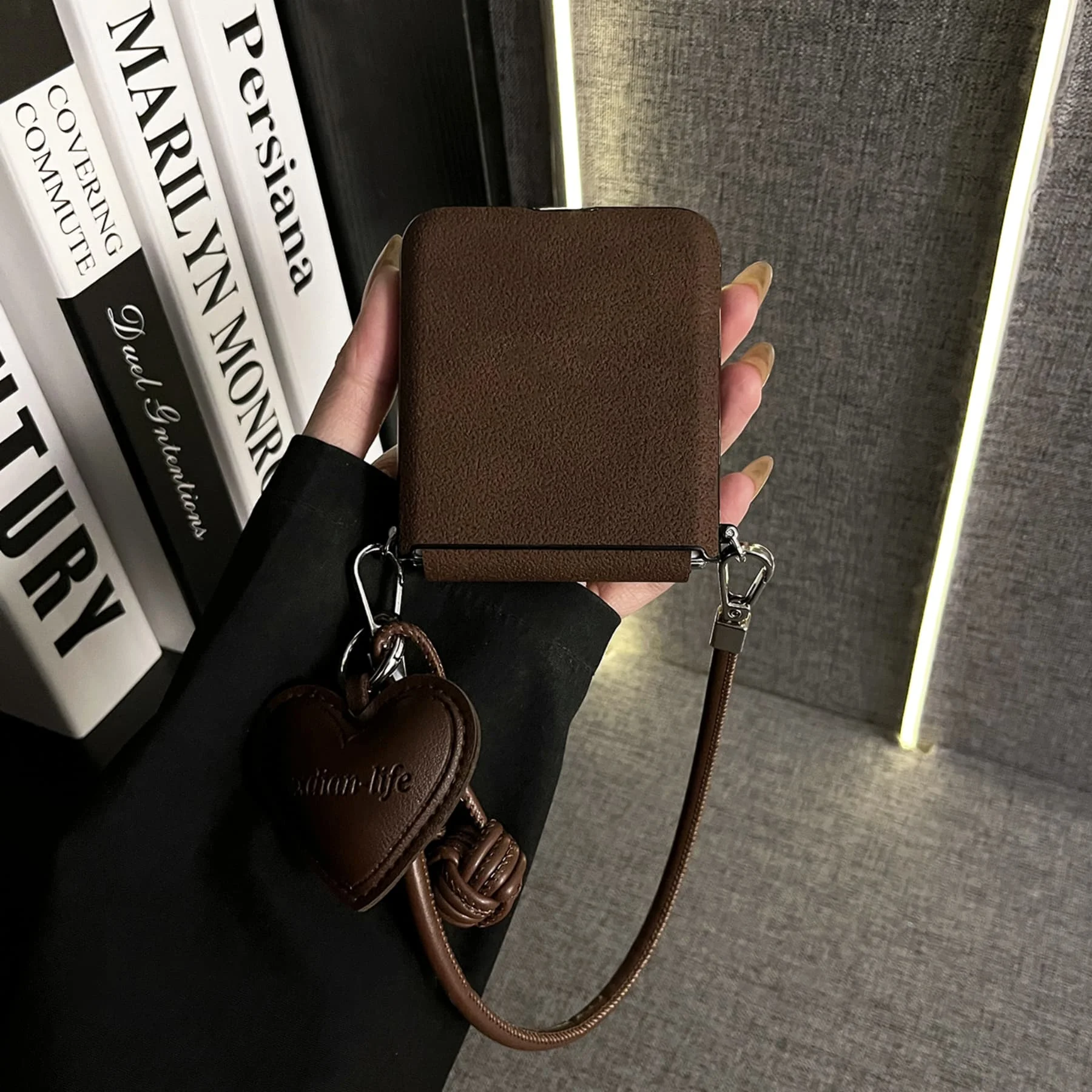 Luxury Brown Moon Pattern Magnetic Phone Case with Leather Heart Pendant