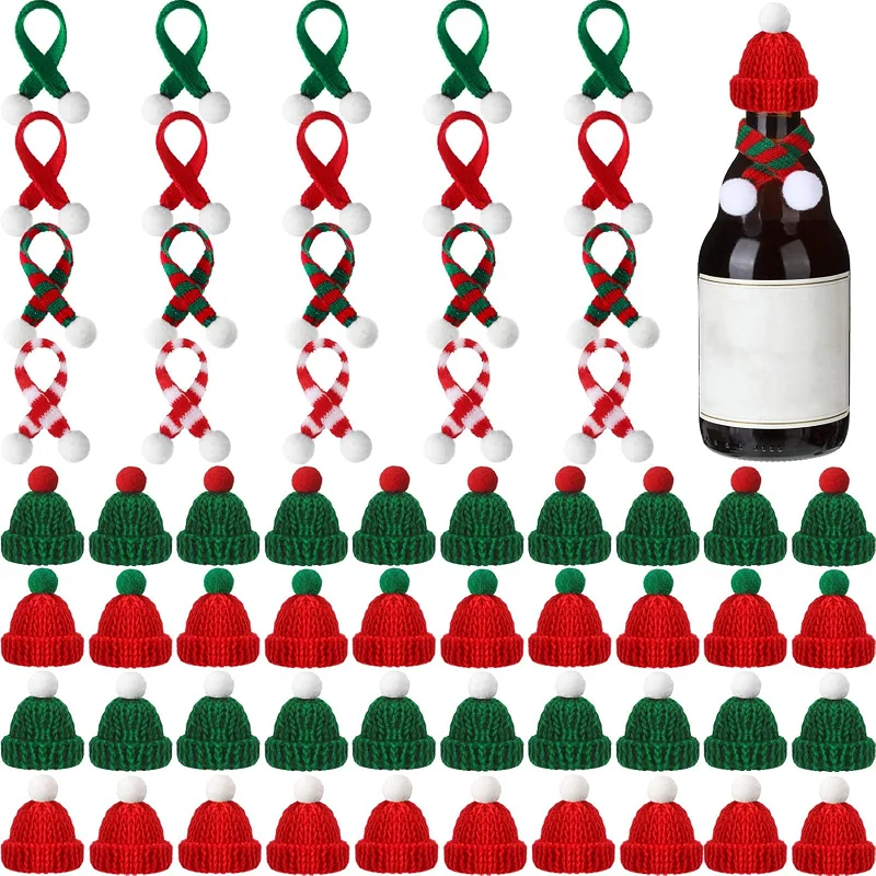 10/20pcs Mini Santa Hat & Scarf 2024 New Christmas Costume for Cat Rabbit Doll Lollipop Bottle DIY Xmas Party Dinner Decoration