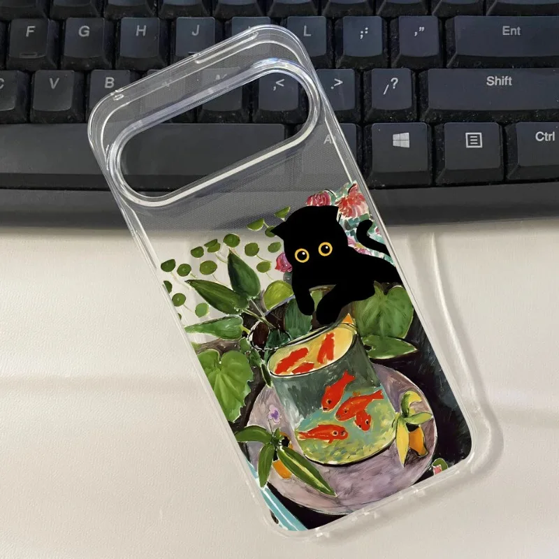 Vintage INS Oil Painting Black Cat & Fish Soft TPU Phone Case