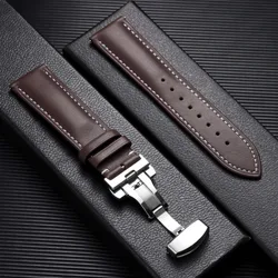 Premium Calfskin Leather Butterfly Clasp Watch Strap - Multiple Sizes Available in Black and Brown - 22mm (Dark Brown White)