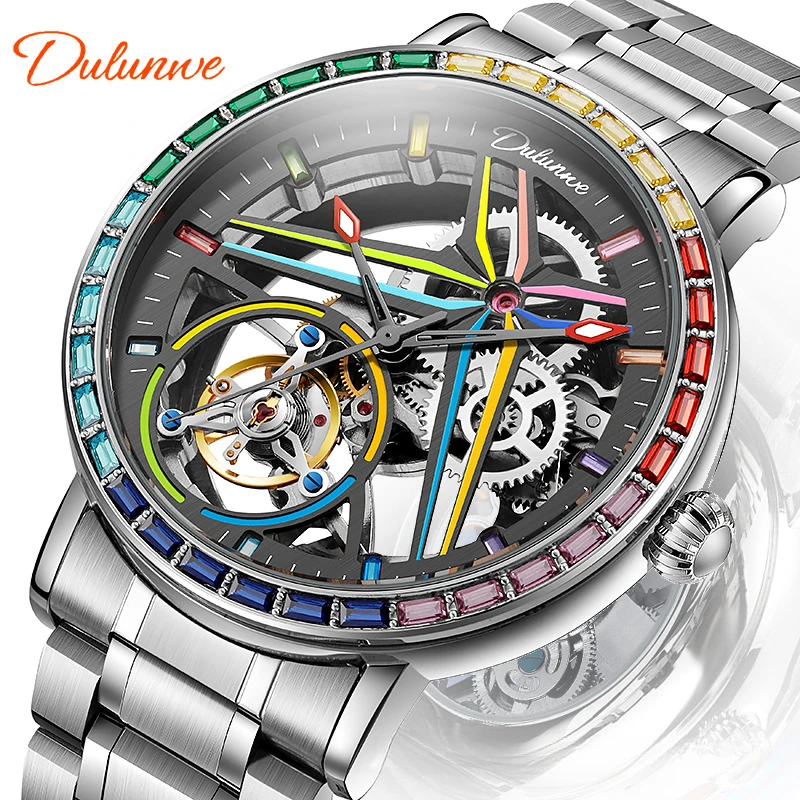 Business Automatic Hollow Men's Mechanical Watch Diamond-encrusted Color Dial Automatic Movement Man Sports Watch