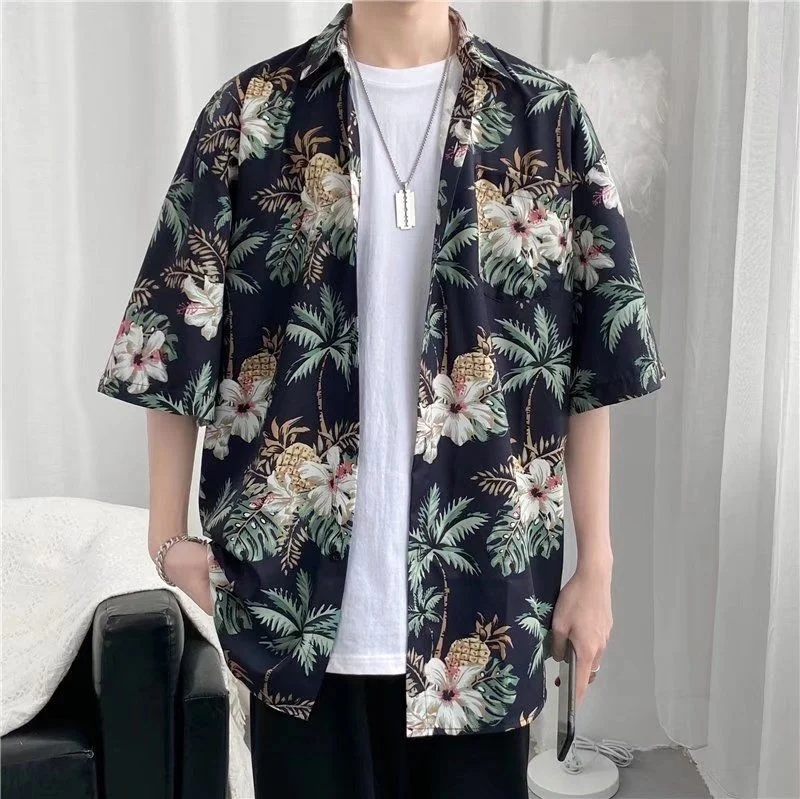 

Full Printed Beach Short Sleeve Shirts Loose Lapel Casual Jacket Trend Holiday Men's Clothes Thin All-match Outerwear Top Summer