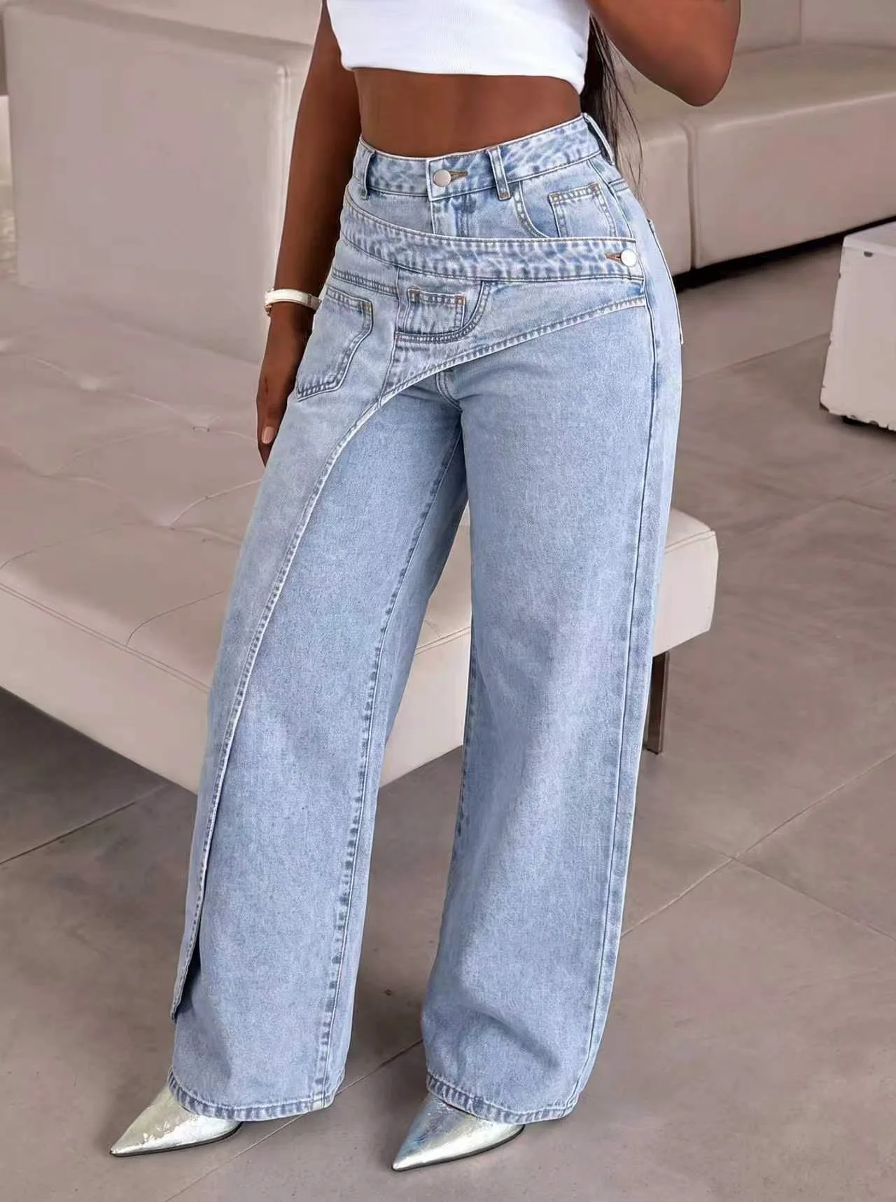 High Street Wide Leg Jeans Pants Sexy Women High Waist Elegant Streetwear Denim Straight Trousers