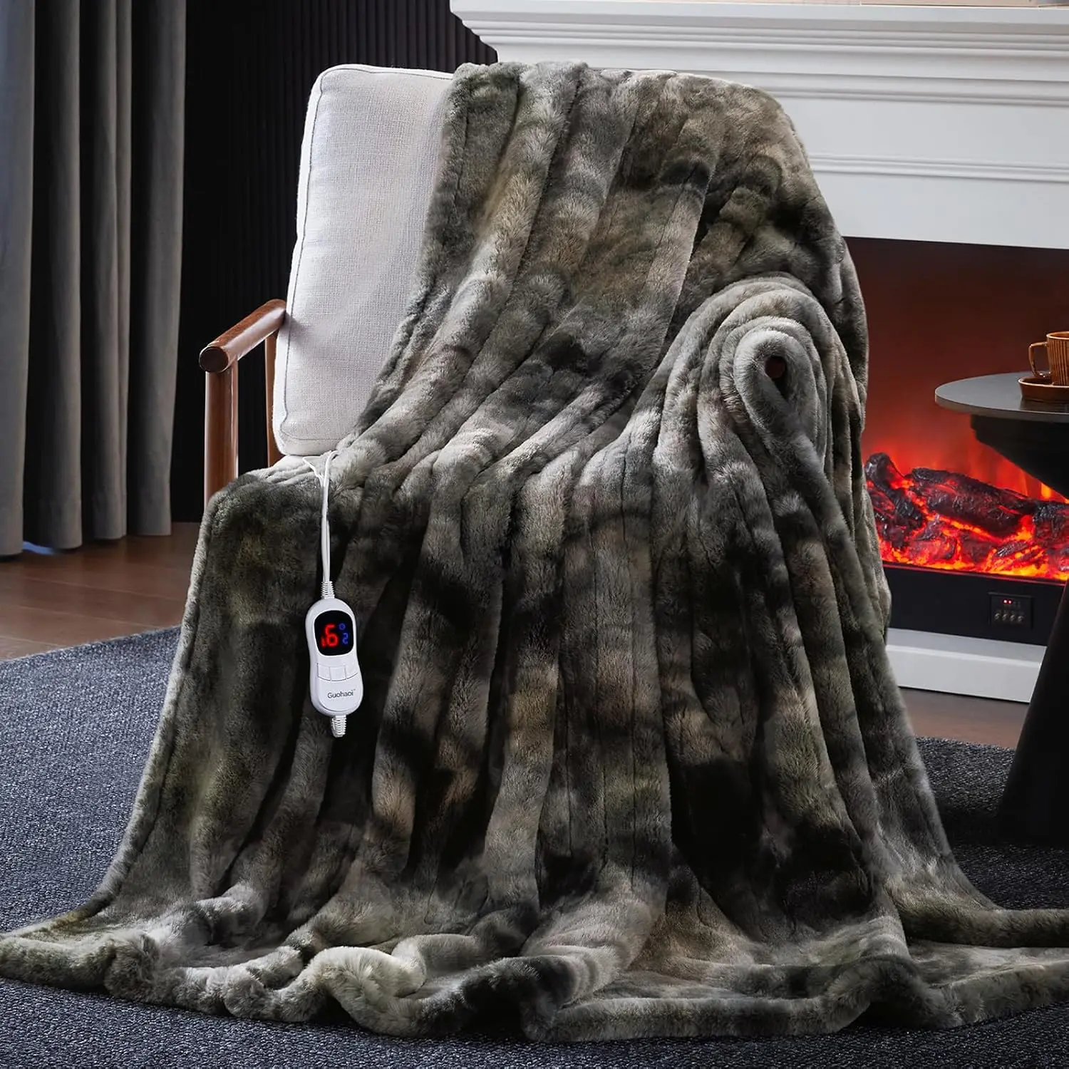 Soft Faux Fur Electric Heated Blanket with 10 Heat Levels, 5 Timer Options, Auto Off, Machine Washable (50x60 Dark Grey)