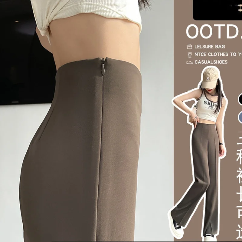 XS 사이드 지퍼 아이스 실크 정장 바지 여성 여름 2023 새로운 높은 허리 슬리밍 스트레이트 캐주얼 느슨한 넓은 다리 바지