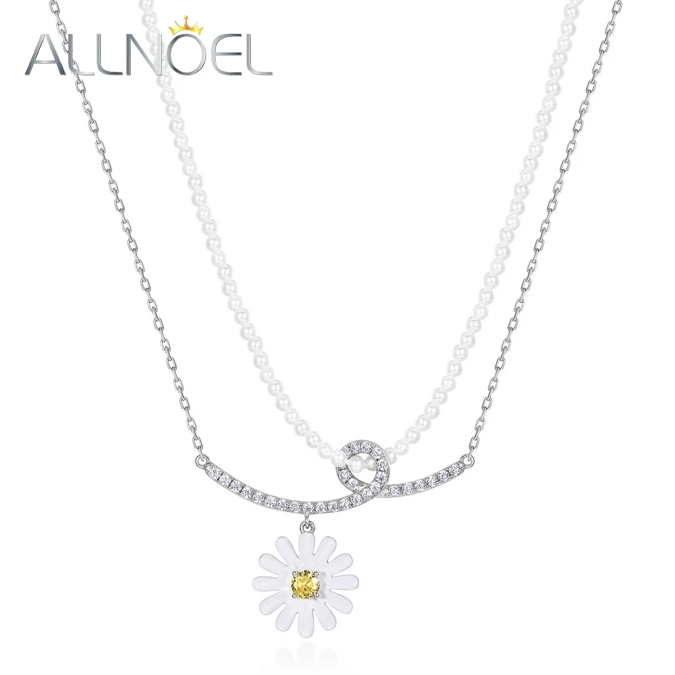 

ALLNOEL 925 Sterling Silver Necklace for Women 2.5mm Pearls Double Chain Yellow Zircon Daisy Flower Enamel Summer Jewelry Gifts