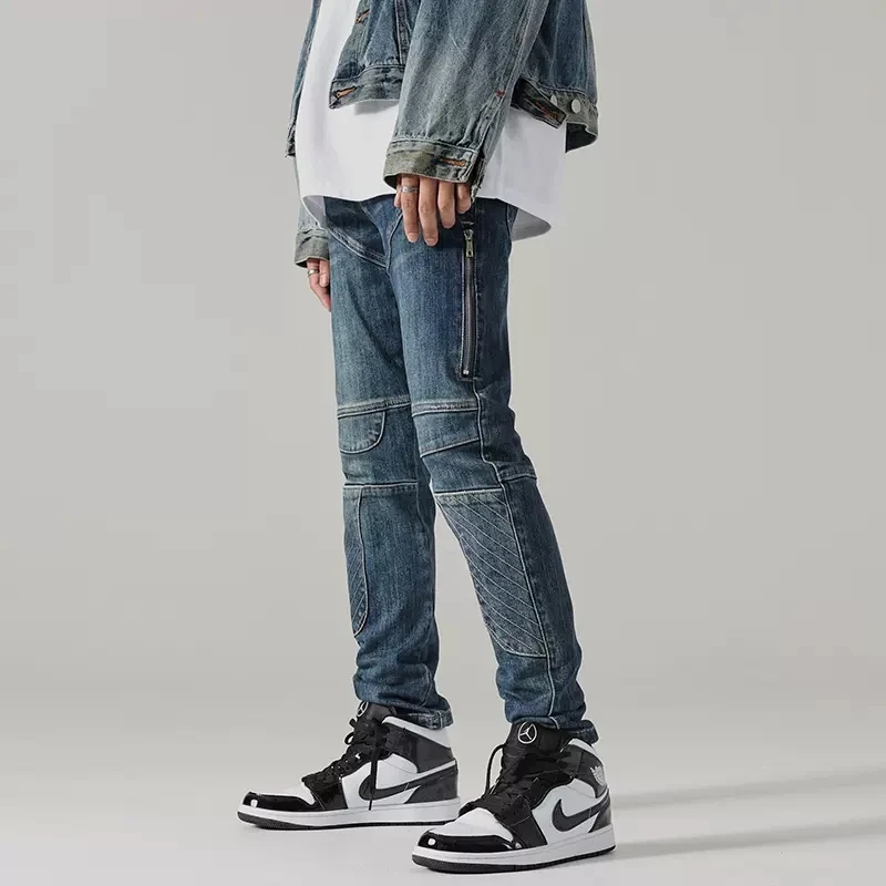 High Street Fashion Men Jeans Retro Blue Elastic Slim Fit Spliced Biker Jeans Men Patched Designer Zipper Hip Hop Pants Hombre