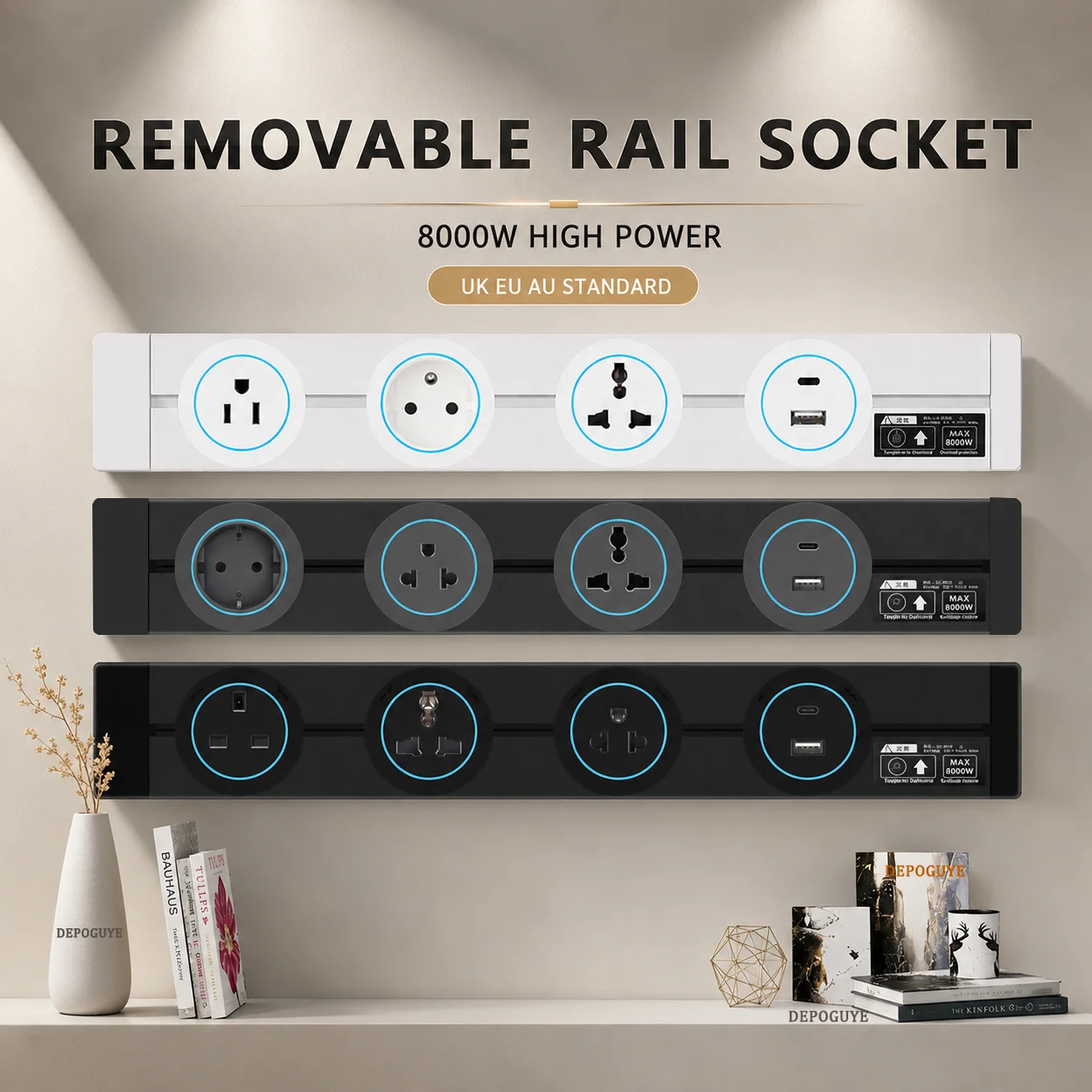 Universal Wall Power Track Socket for Home and Office - Stylish and Functional in White/Black