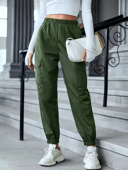 Women Elastic Waist Cargo Jogger Pants Solid Army Green High Waist Tapered Ankle Cuff Casual Streetwear Utility Trousers