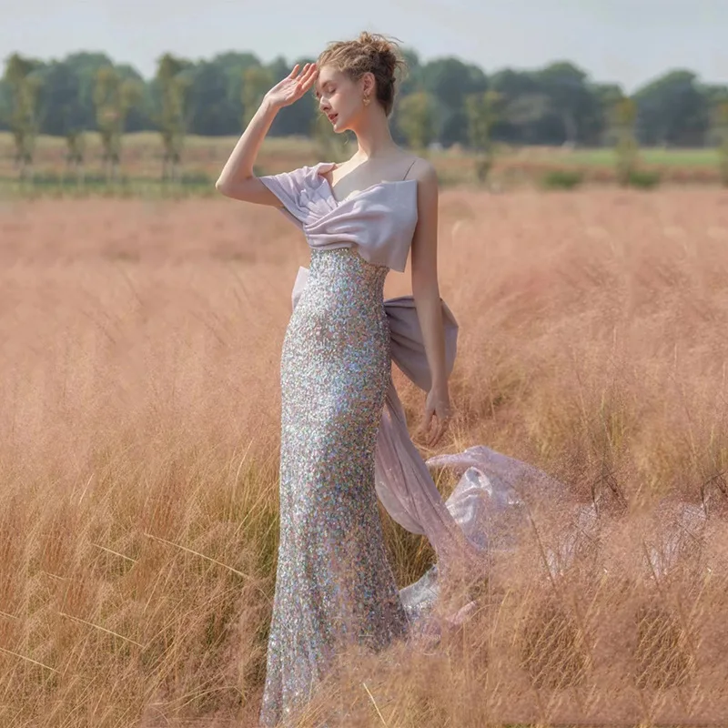 

Women Sparkly Sequined Party Prom Gowns 2023 Elegant Backless Formal Light Purple Long Mermaid Evening Dress