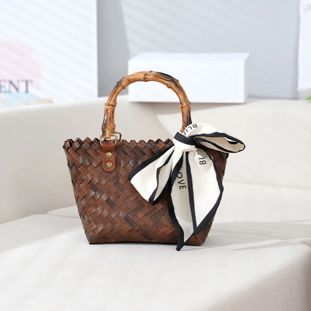 المرأة عادية المنسوجة سعة كبيرة الخيزران مقبض حقائ...