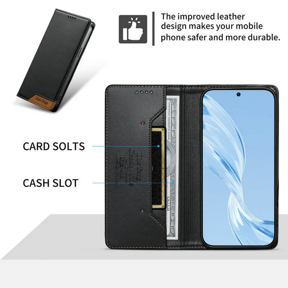 Luxury Leather Flip Wallet Case with RFID Protection and Magnetic Closure