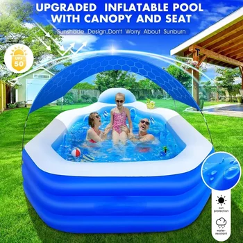 Inflatable swimming pool with canopy, children's large swimming pool, swimming pool with seats and backrest, 125 
