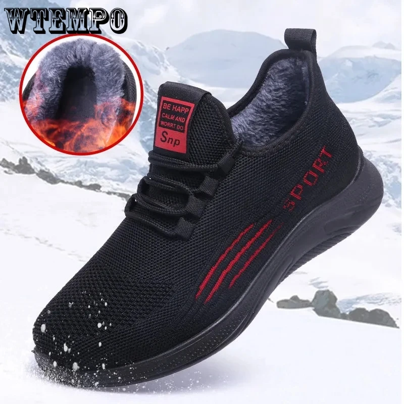 

WTEMPO Winter Warm Cloth Shoes Men's Fashion New Flat Heel Outdoor Plush Sneakers Soft Sole Non Slip Lace-up Casual Cotton Shoes