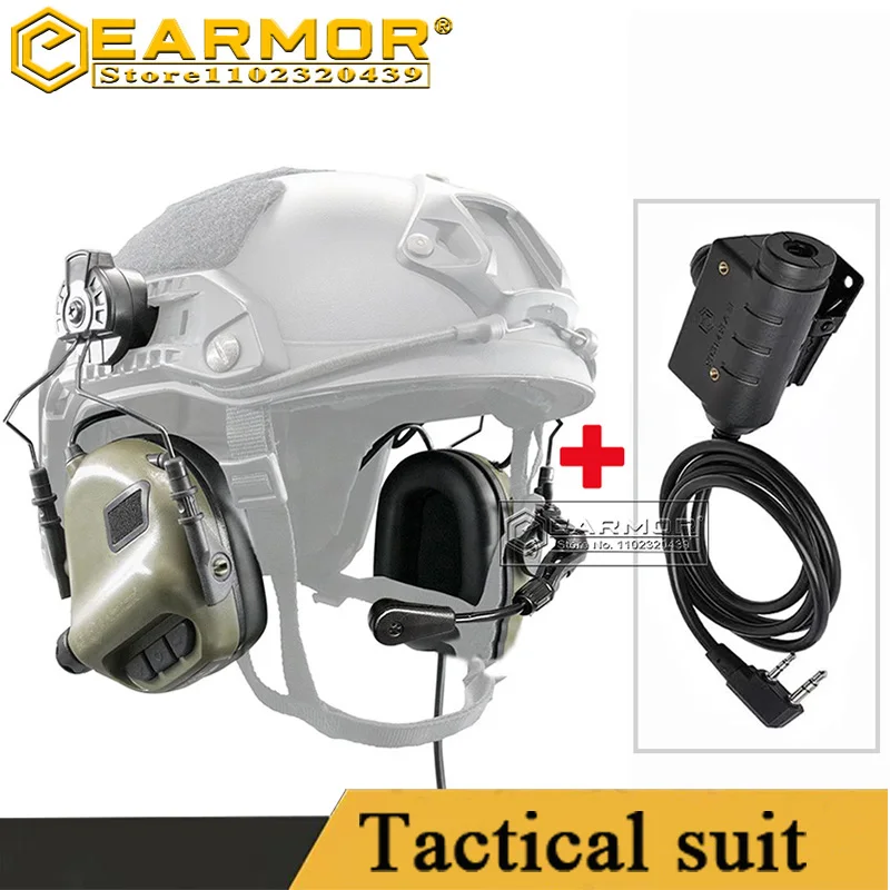 EARMOR M32H Mod3 Original Tactical Headset and M51 KenwoodPTT Adapter&Baofeng Radio Communication Headset, ARC Fast Helmet Rails