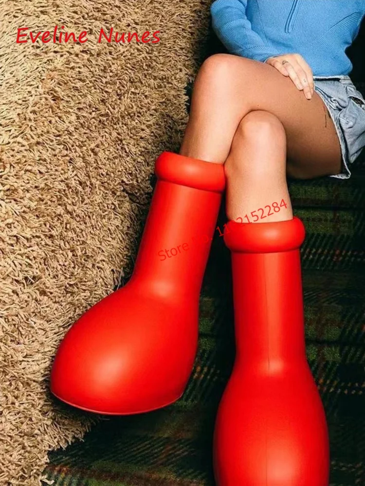 2023 Red Cartoon Rain Boots Thick Sole Big Round Toe Flat Slip on Party
