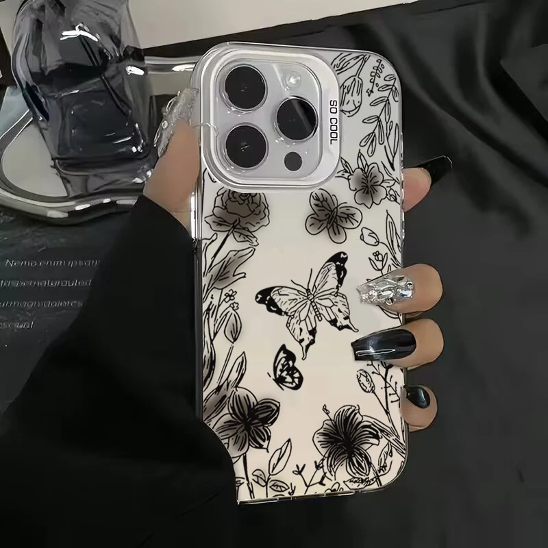 Black Butterfly Flowers Electroplate IMD Phone Case