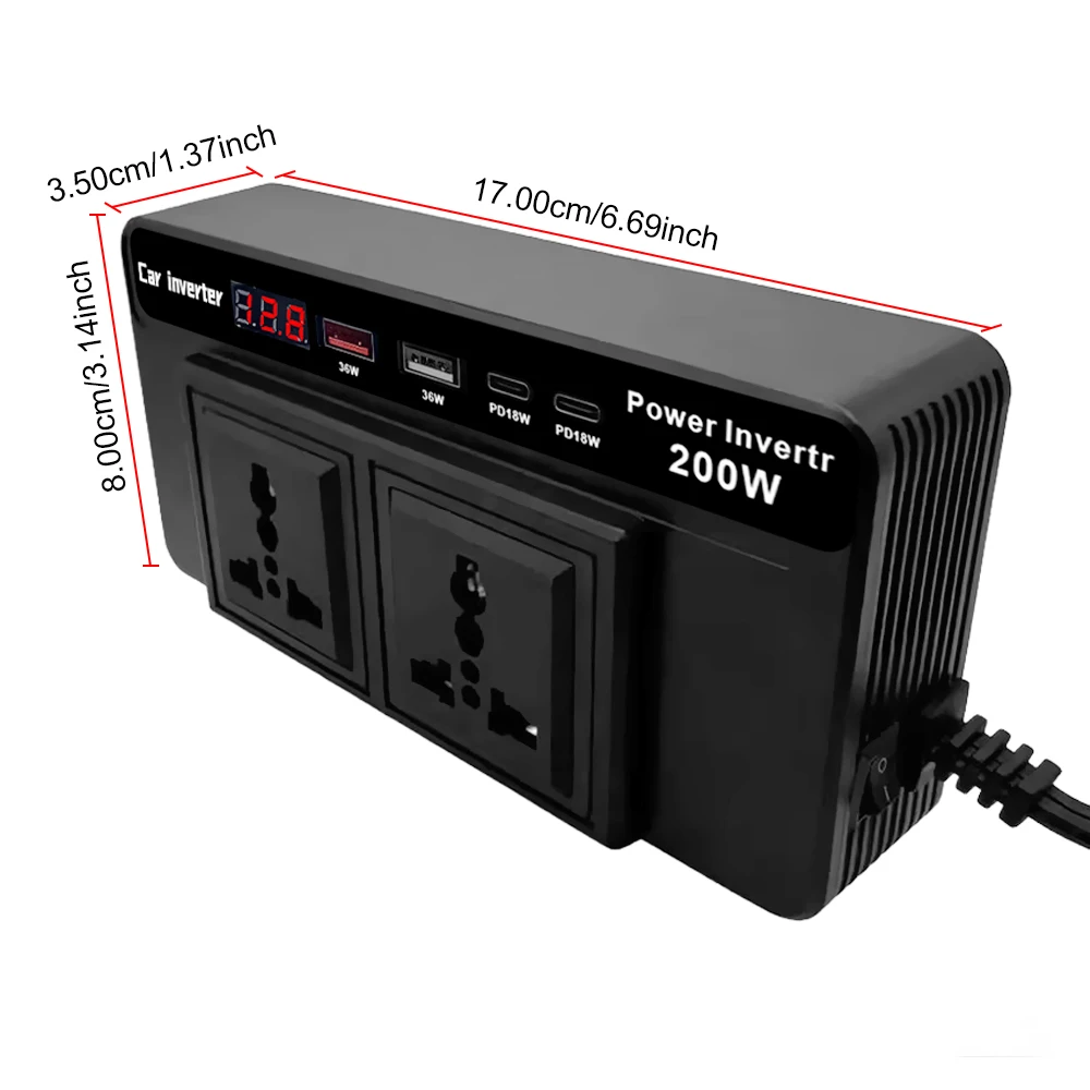  Inverter per Auto con Porta di Ricarica USB Type-C, da DC 12V a AC 220V 200W, Adattatore di Alimentazione Universale con Presa AC, Accessori Auto - immagine 3