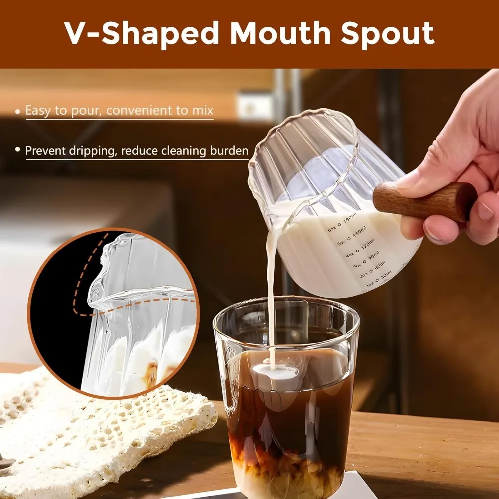 180ML/6 Oz Measuring Cup with Wooden Handle Glass Coffee Extraction Cup with Scale Dishwasher Safe High Temperature Resistant