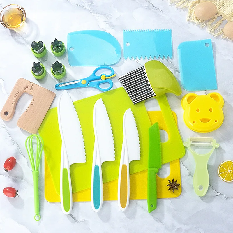 17pcs Montessori Kitchen Tools for Kids Cooking Set Real Cooking Plastic  Toddler Safe Knives Crinkle Cutter Kids Cutting Board - AliExpress