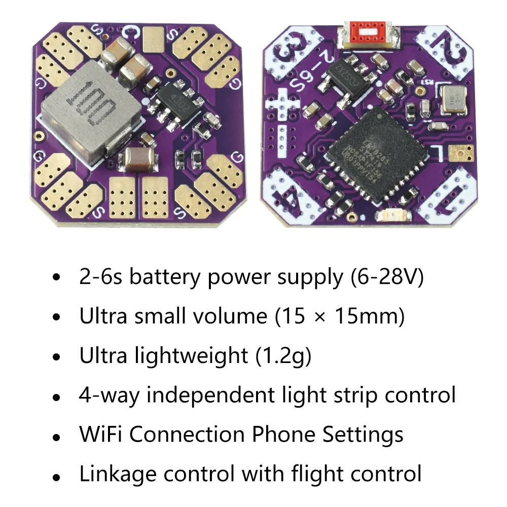 Contrôle WiFi du module LED RVB pour drone FPV via smartphone, affichant l'interface de configuration des couleurs.