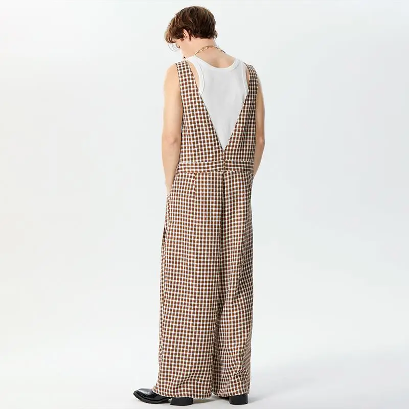 Description Picture 4 of item2024 Men Jumpsuits Plaid Oversize Deep V Neck Sleeveless Streetwear Rompers Pockets Loose Casual Wide Leg Pants Overalls INCERUN