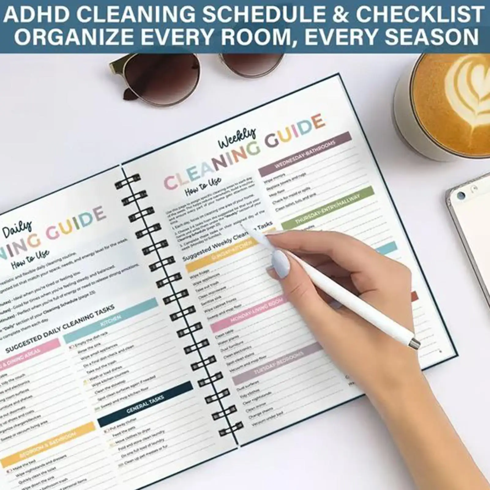 ADHD 청소 계획 세트에는 가정 청소 일정, 주간, 월간, 연중 청소 팁, 가족 집안일 차트가 포함되어 있습니다.