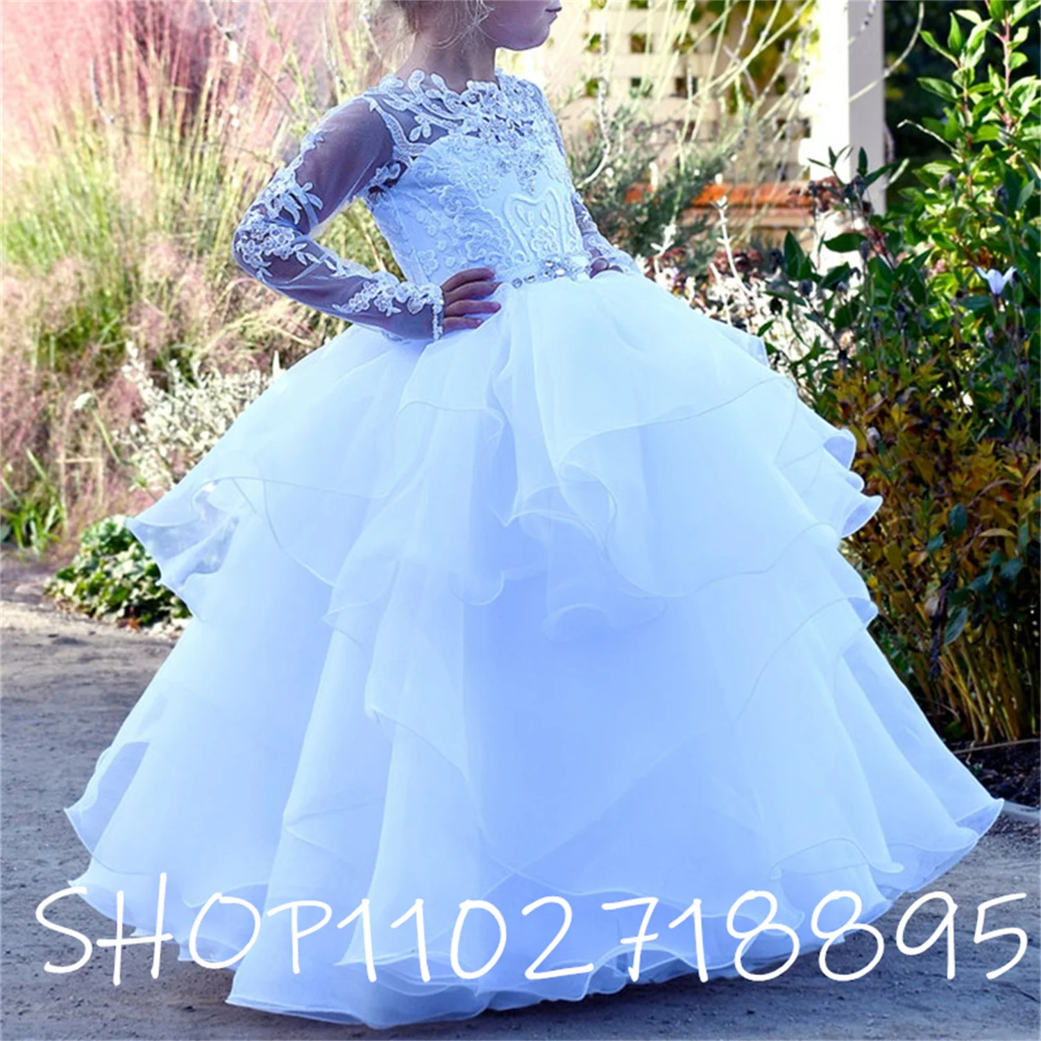 

Champagne Satin Tulle Tiered Flower Girl Dress for Wedding Cap Sleeves Bow Lace Up Kids Formal Wear Party First Communion Gowns