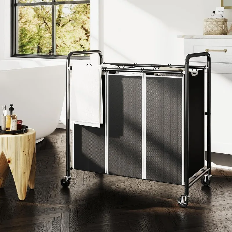 Laundry Sorter 3 Section, Separated Laundry Hamper Cart with Heavy Duty Lockable Wheels and Removable Bags, Rolling