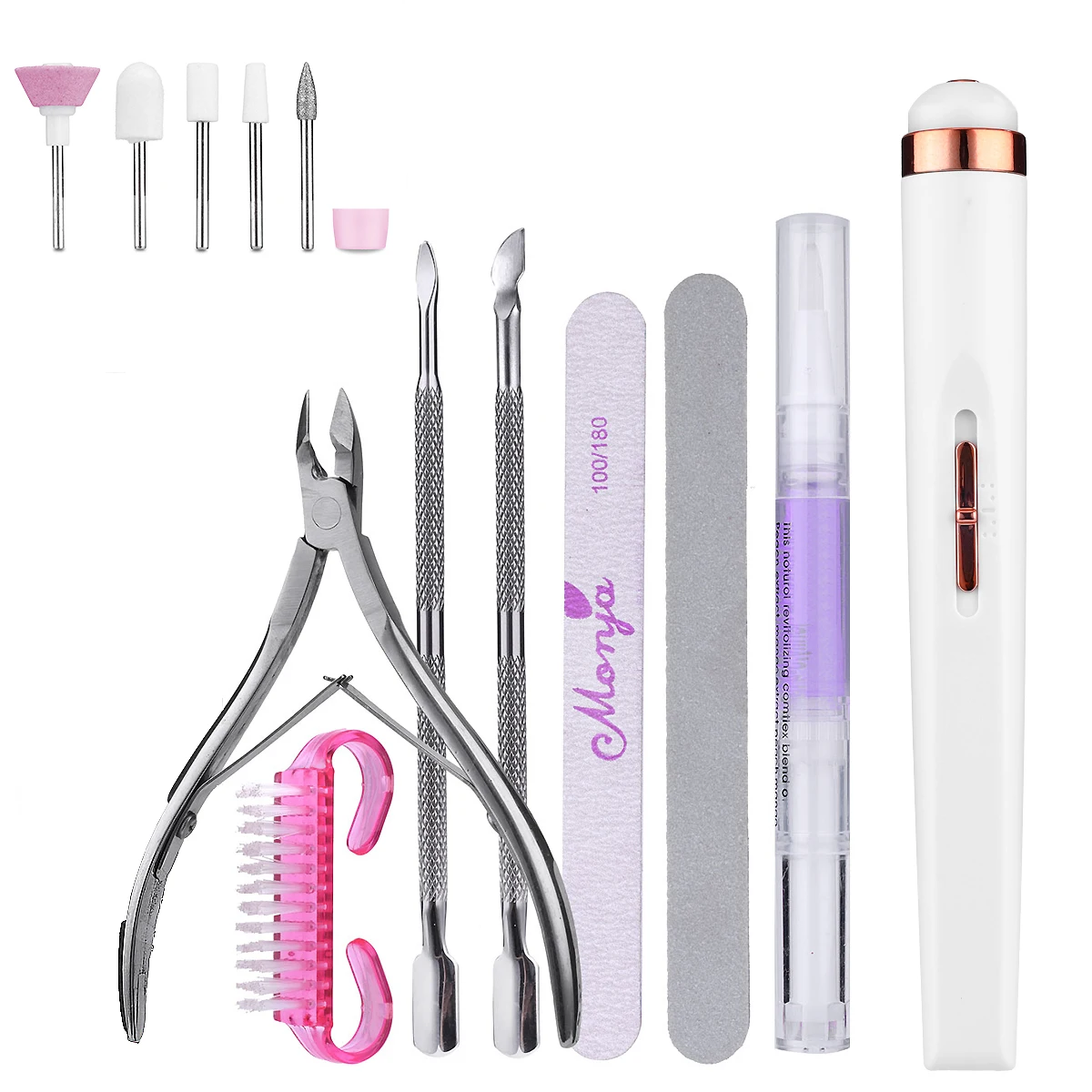 

Monja Nail Sets Drill Machine Cuticle Soften Remover Acrylic Sanding File Pusher Scissors Treatment Manicure Pedicure Tool Kits
