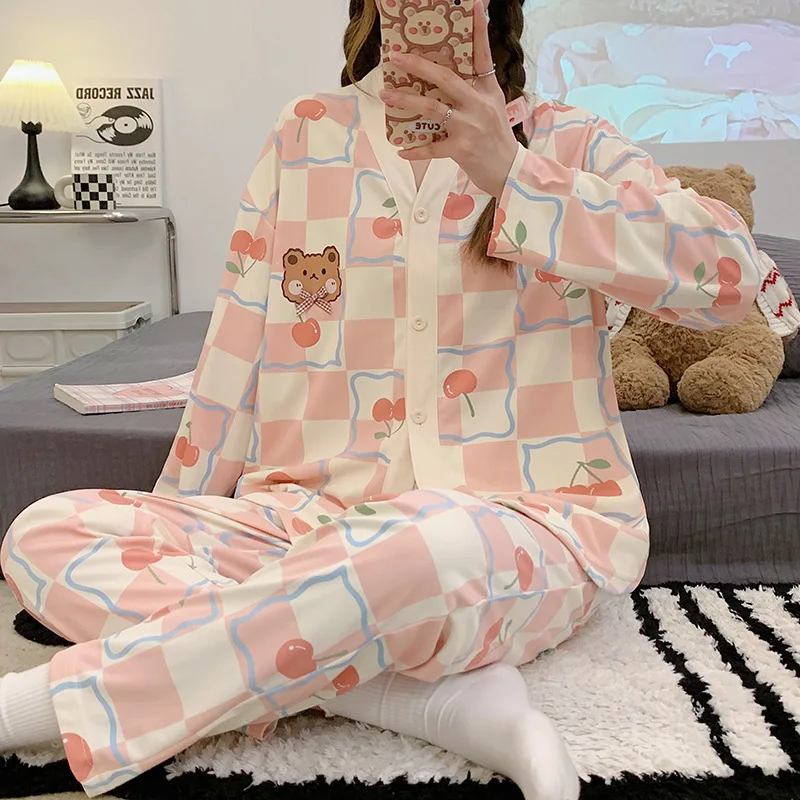 2024 Winter Autumn Cute Pajama Woman Sleepwear Long Sleeve Tops Pants 2 Piece Pyjamas Solid Lingeries Sets for Women Nightwear