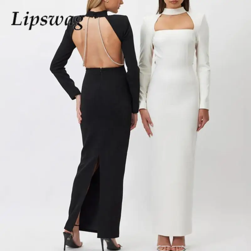 

Fashion Long Sleeve Skinny Party Dress Elegant Ladies Hollow Rhinestone Backless Long Dress Women's Sexy Straight Club Dresses