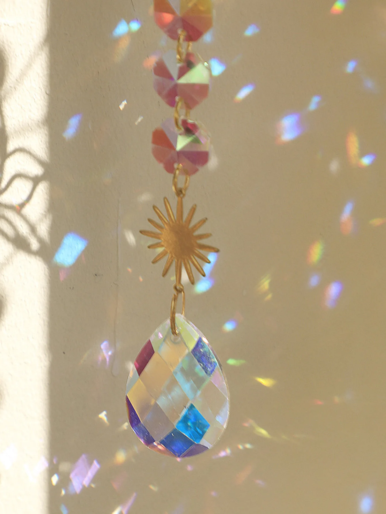 1Pc Sun Catcher Gardening Crafts Golden Lotus AB Colorful Water Drop Crystal Pendant
