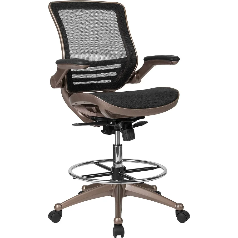 Flash Furniture Waylon Mid-Back Transparent Black Mesh Drafting Chair with Melrose Gold Frame and Flip-Up Arms Freight free mid back black mesh multifunction executive swivel ergonomic office chair with adjustable arms freight free individual armchair