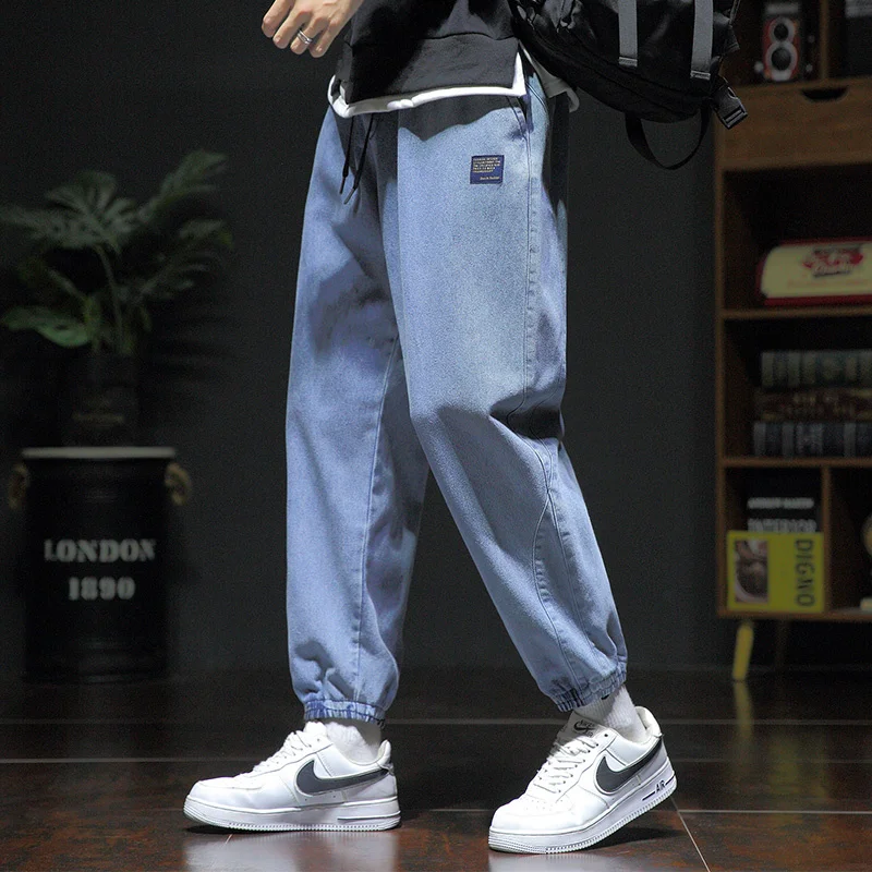 Korean Trendy Fashion Street Loose Harlan Jeans Men Solid Elastic Waist Drawstring Patchwork Pockets Straight Casual Trousers
