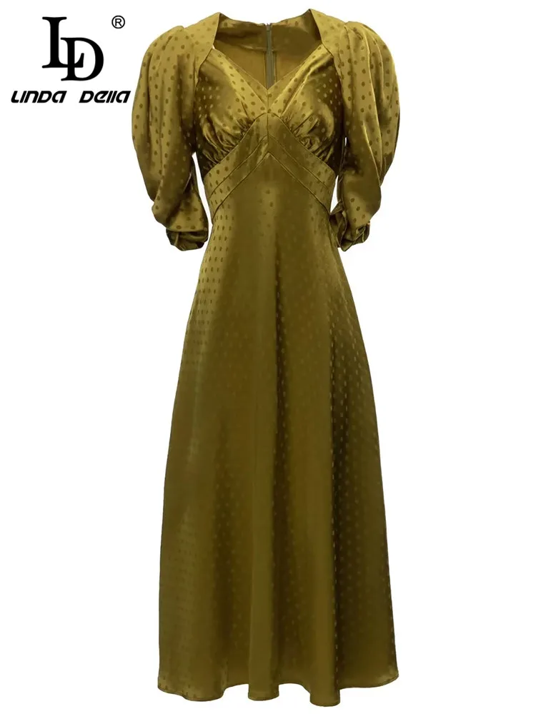 

LD LINDA DELLA 2023 Fashion Runway Designer Spring Dress V-neck Puff sleeve Slim polka dot Printed A Line Midi Party Dresses