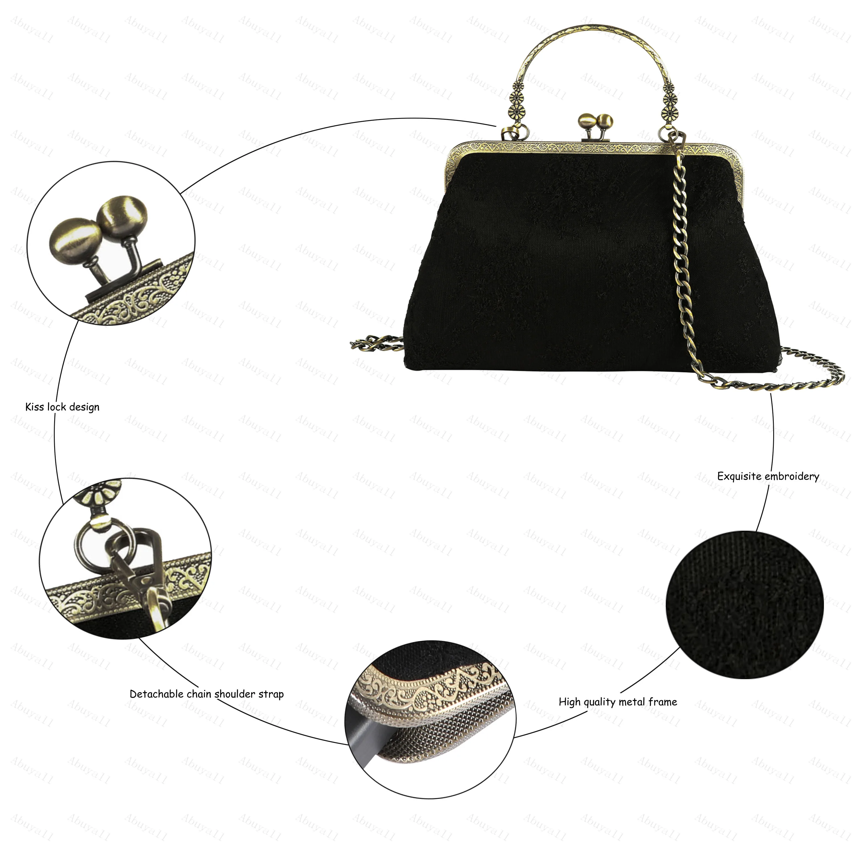 Abuyall Kiss Lock Top-Handle Handbag Vintage Fall Evening Lace Tote Canvas Purse Chain Strap Metal Frame Crossbody Bag Women