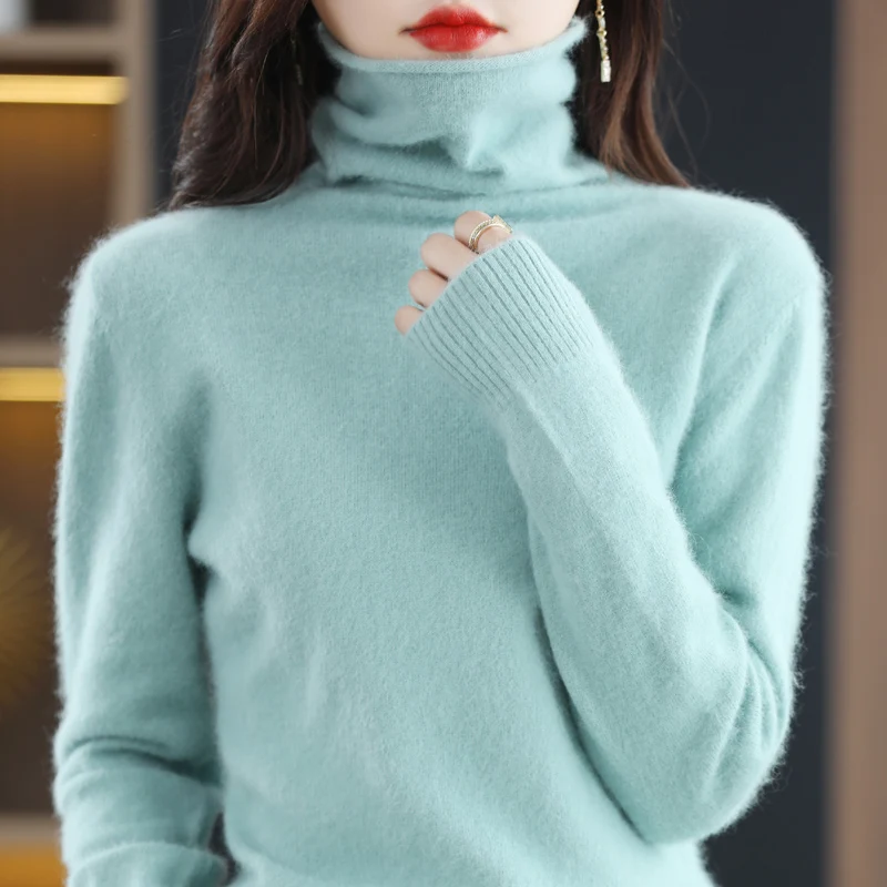 Autumn and winter new 100% pure mink cashmere sweater women's turtleneck pullover knitted soft fashion women's top 2