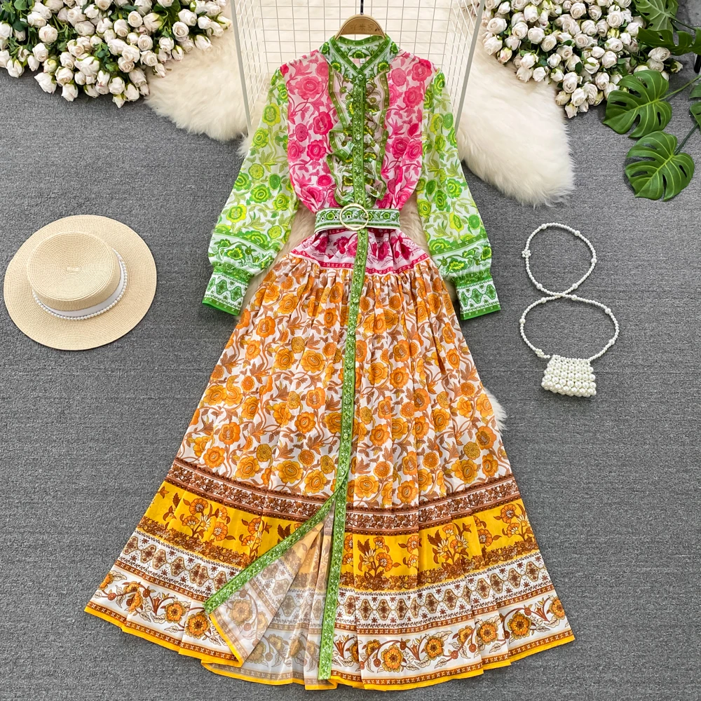 

Spring Summer Floral Chiffon Maxi Dress Women Stand Collar Lantern Long Sleeve High Street Single Breasted Colorblock Belt Robes