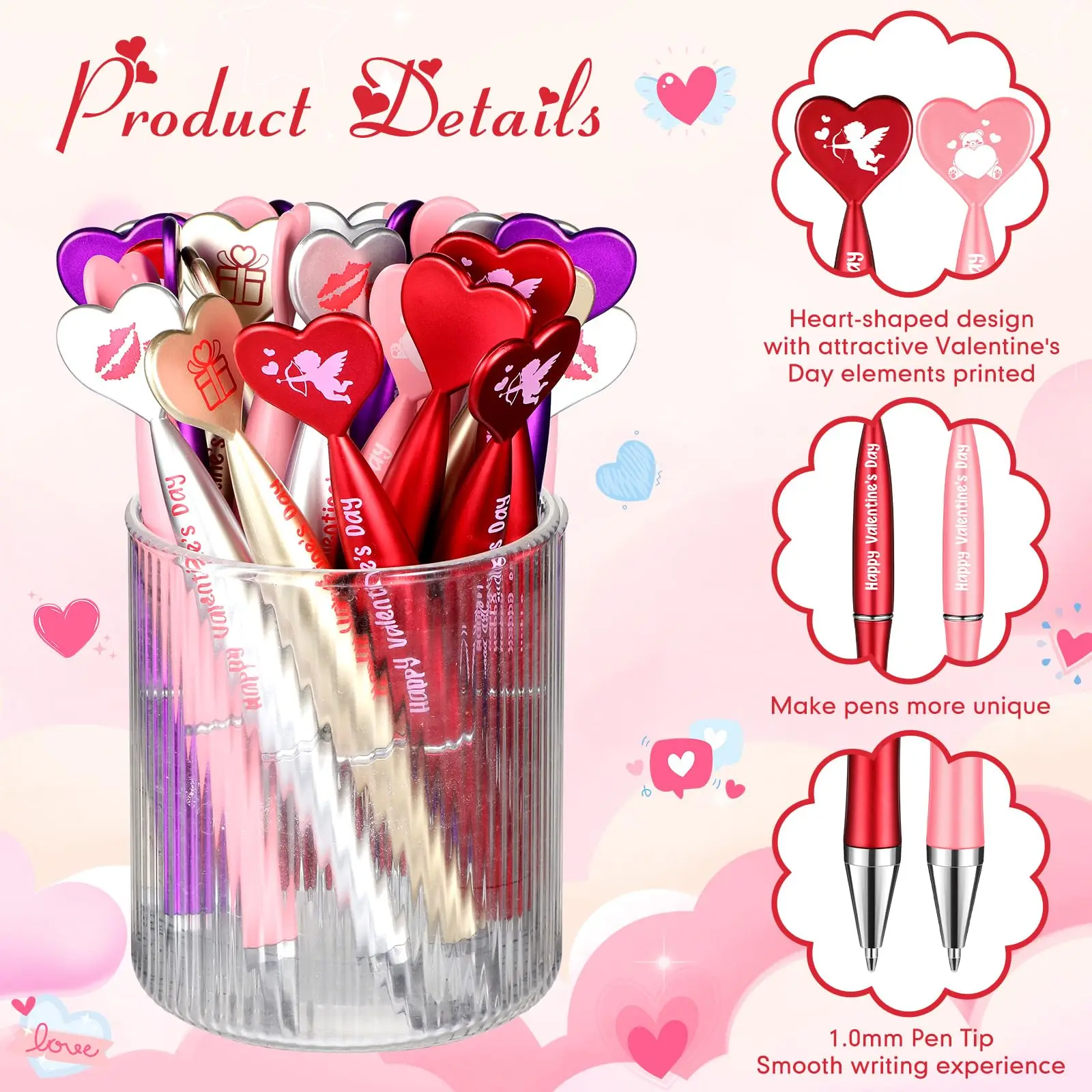 

60Pcs Valentine's Day Heart Shape Pens Black Gel Ink Rollerball Pens for Office School Supplies Birthday Presents ballpoint pen