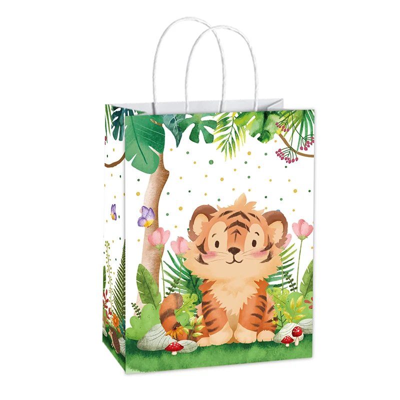 BD108 Thème Jungle Safari Animaux Fête Faveurs Cadeau Emballage De Bonbons Sac En Papier Avec Poignée Pour Enfants Fête D'anniversaire Décor