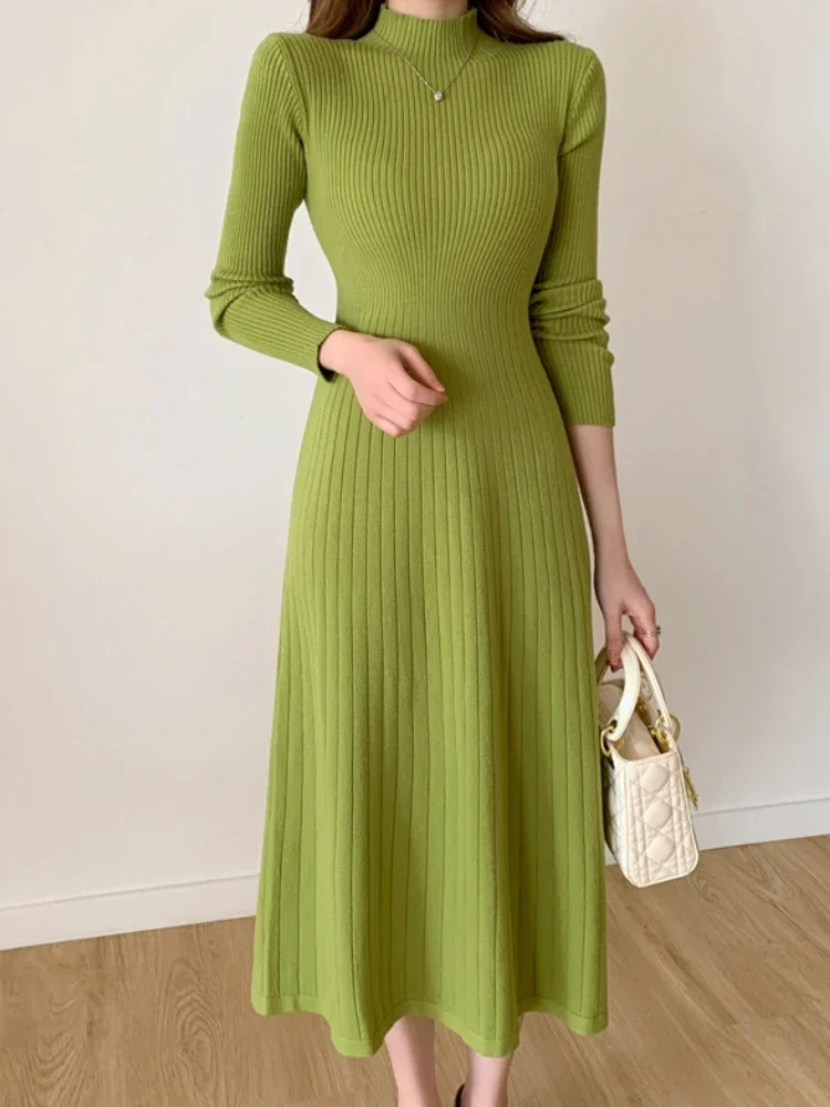 Autumn Winter 2024 Slim Long Sleeve Party Midi Dress for Women Knitted Half High Collar Elegant Knitted Sweater Dresses Ladies 3