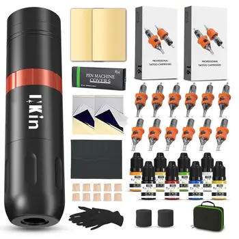 INKIN Kit per tatuaggi Principianti Penna per tatuaggi wireless 3.5 Tempi 1500 mAh Batteria 16 pezzi Cartuccia in silicone Aghi per tatuaggi Inchiostri per tatuaggi