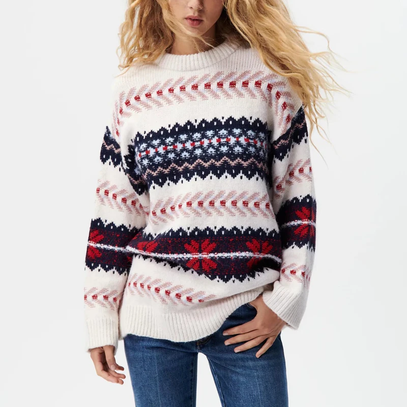 christmas sweatshirt Winter Women's Casual Geometric Pattern Round Neck Long Sleeve Loose Sweater vintage sweaters