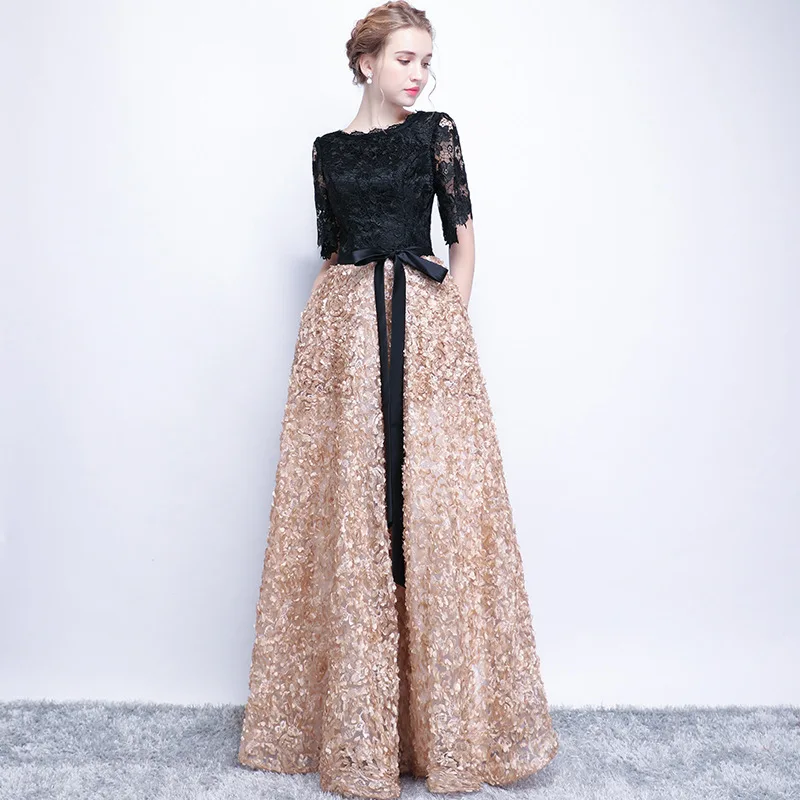 LANMU Vintage Black A-Line Lace Long Evening Dresses Half Sleeves Beaded scoop neck long appliques evening dress prom dress