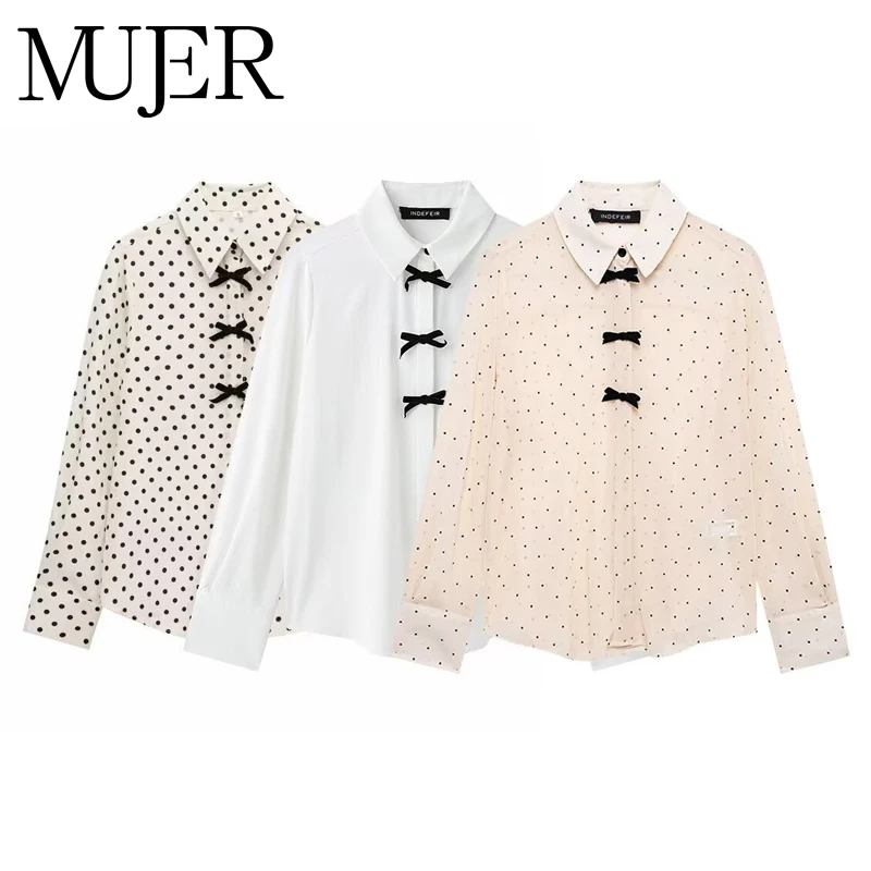 MUJER Polka Dot Women Shirts White Bow Chiffon Woman Blouses Semi Sheer Button up Shirts and Blouses for Women Long Sleeve Tops