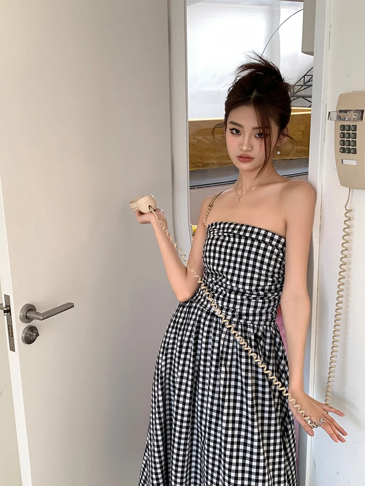 Casual Strapless Midi Dresses for Women Striped Sleeveless A-line Korean Chic Summer New Party Dress Vestidos Mujer